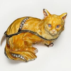 Jeweled Long Haired Cat Trinket Box Hand Painted Enamel with Crystals Blue Eyes